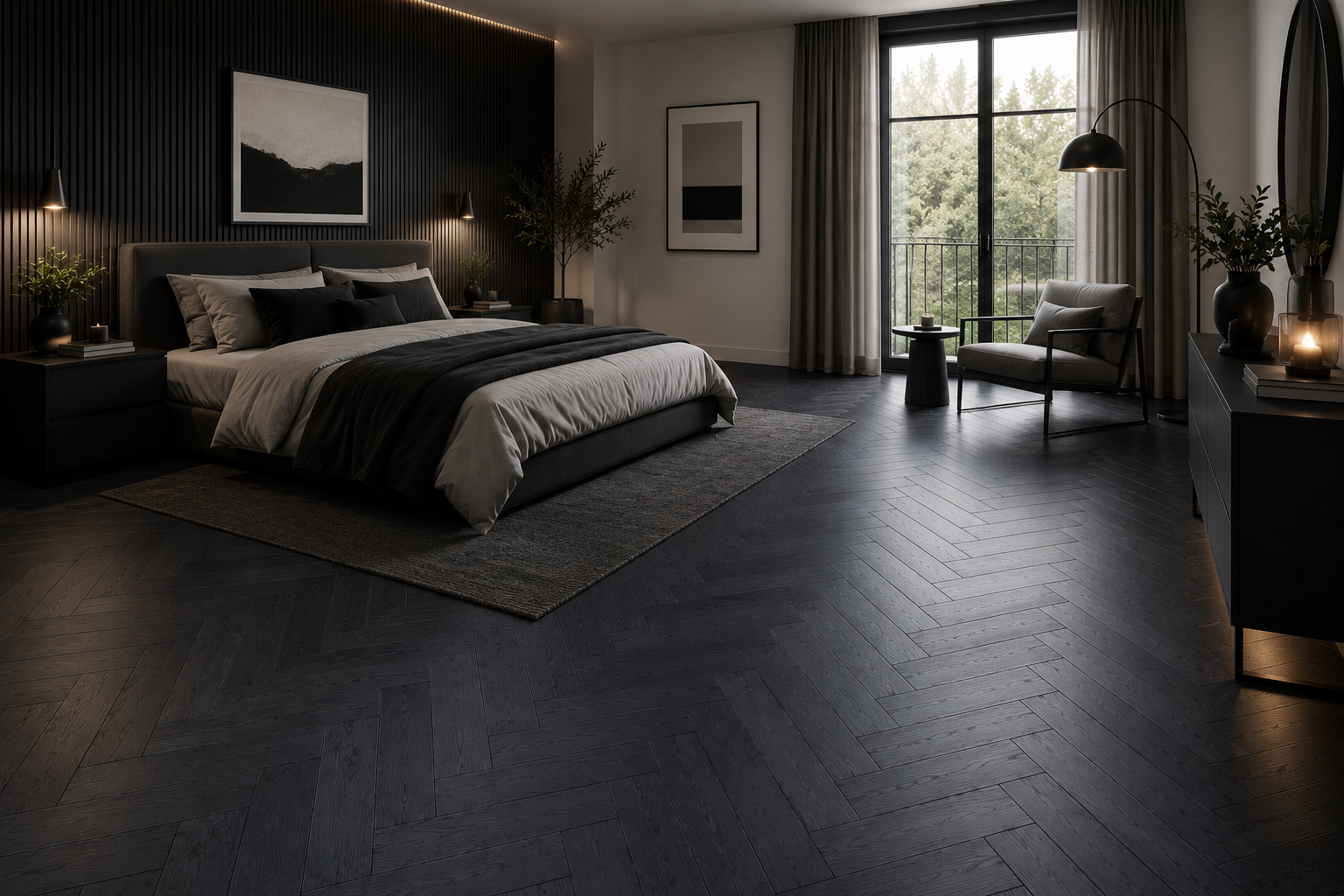 Galaxy Black Brushed & Matte Lacquered Herringbone Engineered Rustic Flooring (105B) (2.268m2 per pack)
